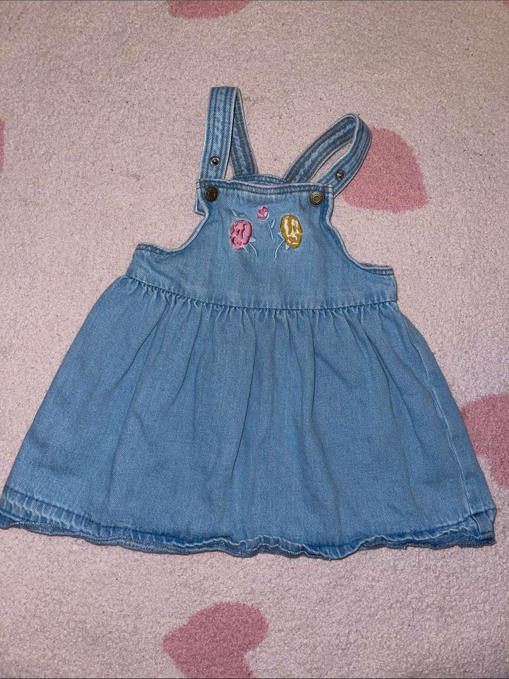 H&M Light Denim Overall Dress with Floral Embroidery
